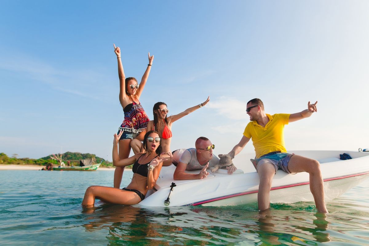 hipster company of friends having fun together on boat in sea, summer vacation, smiling, positive, traveling around world, sunny, Thailand, sunglasses, cool people, party