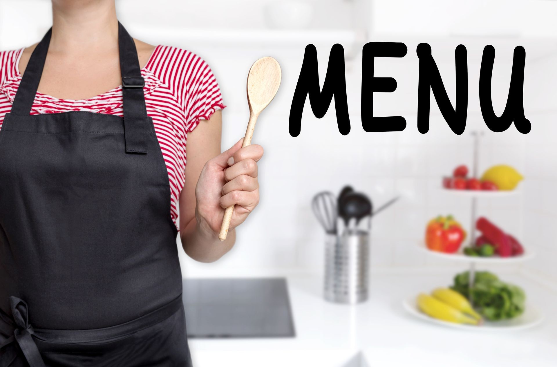 Menu chef holding cooking spoon background.