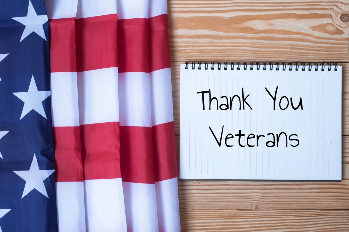 Thank You Veterans text written in notebook with  flag of the United States of America on wooden background. USA holiday of Veterans, Memorial, Independence and Labor Day